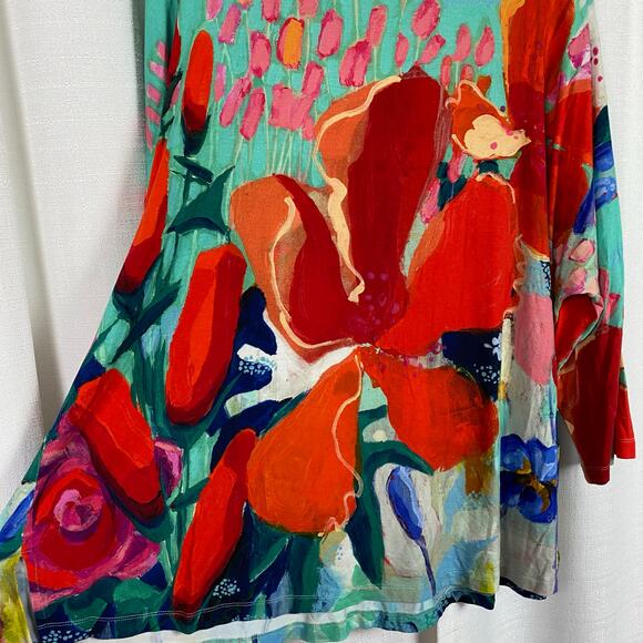 Ali Miles Teal&Bright Red Abstract Floral 3/4 Sleeve Top Sz.1X - Picture 6 of 8